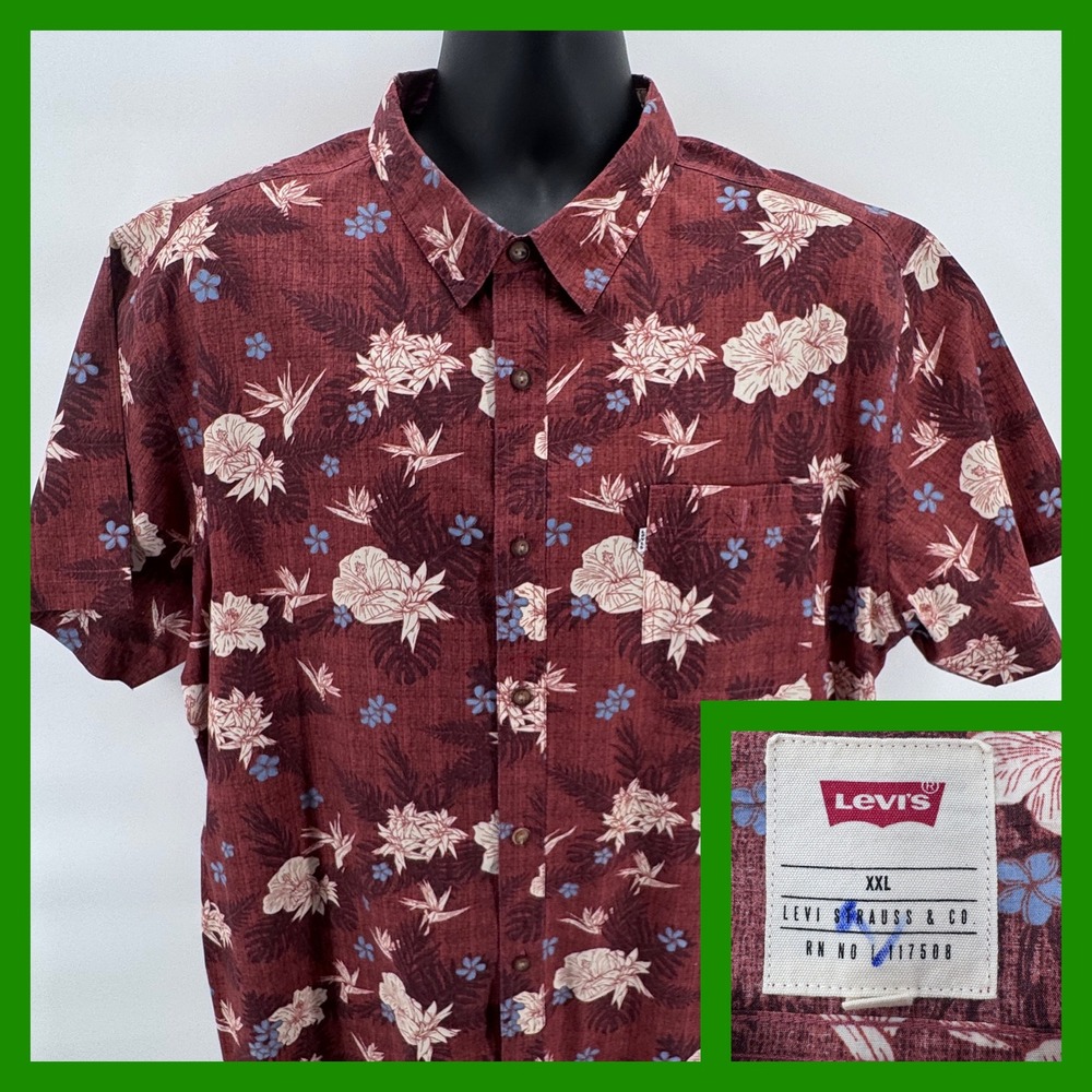 Levi Strauss Men's XXL Red Floral Short Sleeve Button Up Shirt‎ Tropical Beach
